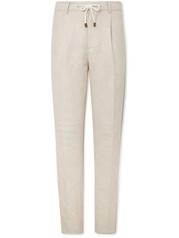 Photo: Brunello Cucinelli - Straight-Leg Pleated Linen, Wool and Silk-Blend Drawstring Suit Trousers - Neutrals