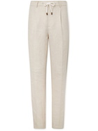 Brunello Cucinelli - Straight-Leg Pleated Linen, Wool and Silk-Blend Drawstring Suit Trousers - Neutrals