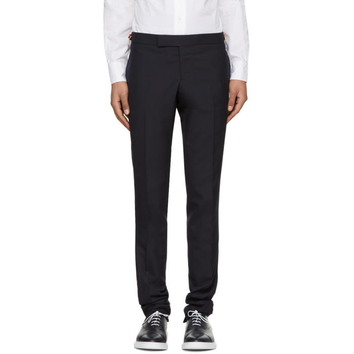 Photo: Thom Browne Navy Low-Rise Skinny Trousers