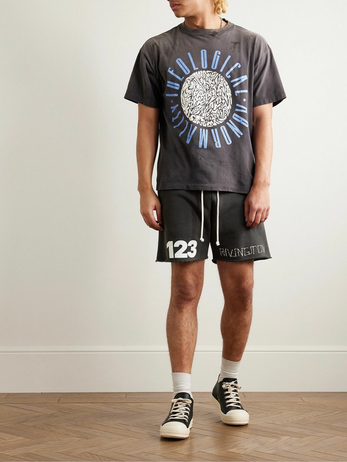 RRR123 - Gymbag Frayed Logo-Print Embroidered Cotton-Jersey Shorts - Black
