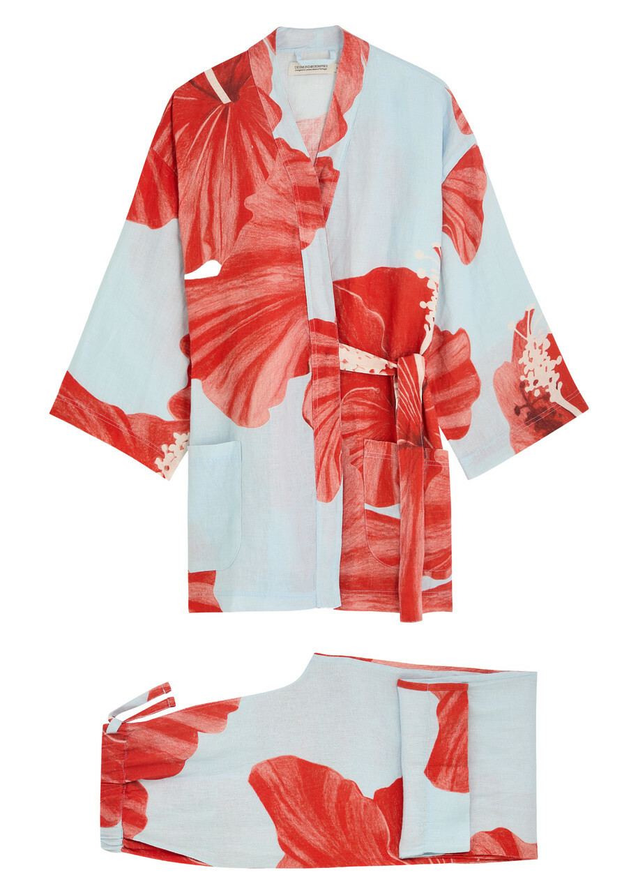 Desmond & Dempsey Grand Hibiscus Printed Linen Pyjama set Red