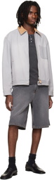 Solid Homme Gray Leather Collared Denim Trucker Jacket