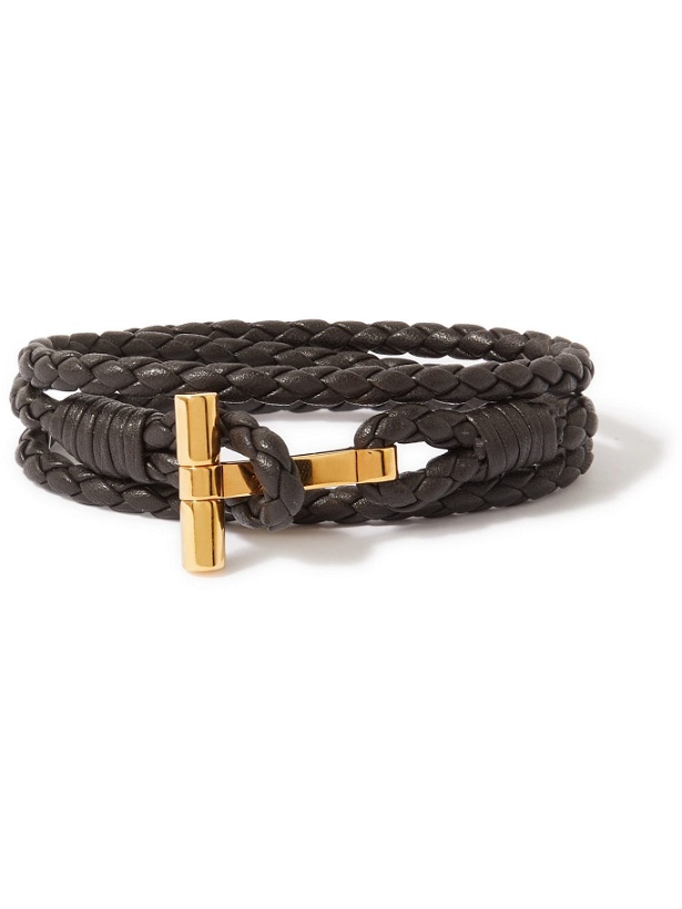 Photo: TOM FORD - Braided Leather and Gold-Tone Wrap Bracelet - Brown