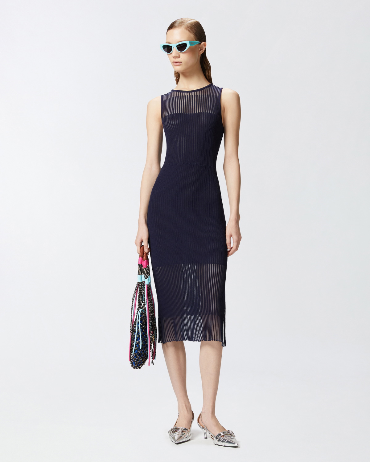 Pinko Fitted Midi Dress With Transparent Ribs Gloomy Blue