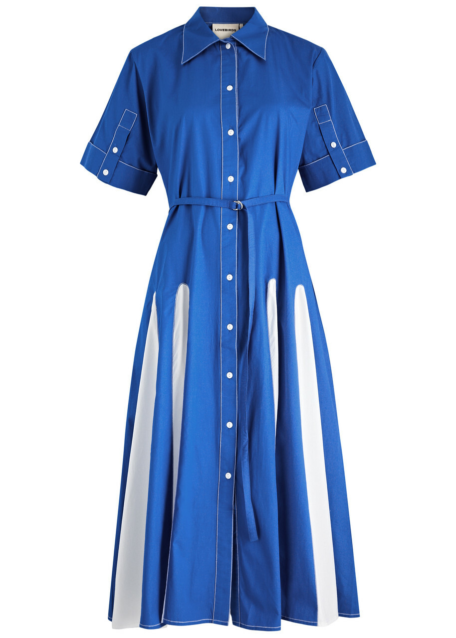 Lovebirds Colour-blocked Cotton-poplin Midi Shirt Dress Blue And White