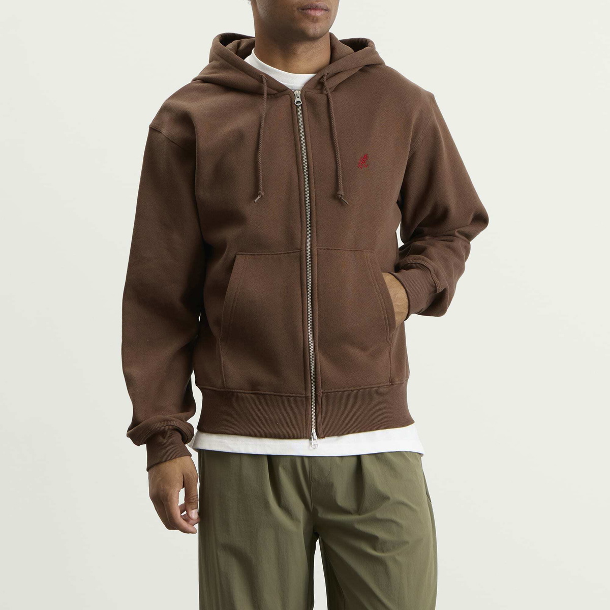 Gramicci Men's One Point Zip Hoodie in Brown