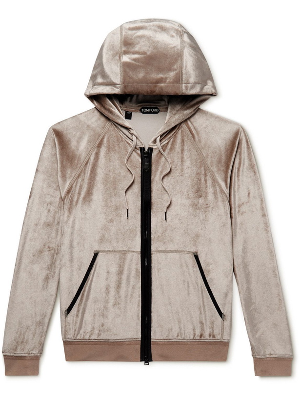 Photo: TOM FORD - Leather-Trimmed Modal-Blend Velour Zip-Up Hoodie - Neutrals