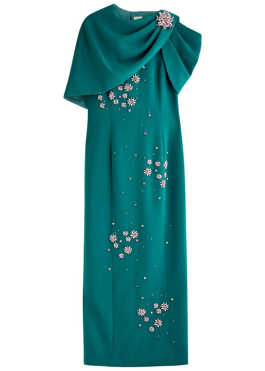 Huishan Zhang Isolde Cape-effect Embellished Gown Teal