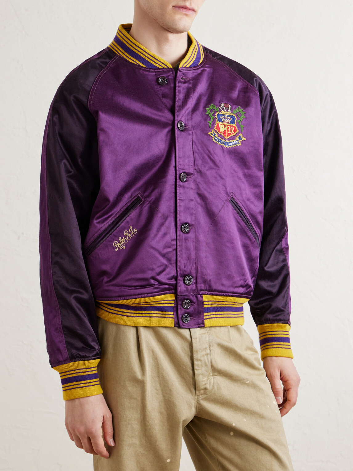 Polo Ralph Lauren - Embroidered Cotton-Blend Satin Bomber Jacket - Purple