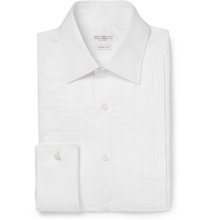 Photo: Brunello Cucinelli - White Slim-Fit Pleated Bib-Front Double-Cuff Cotton Tuxedo Shirt - White