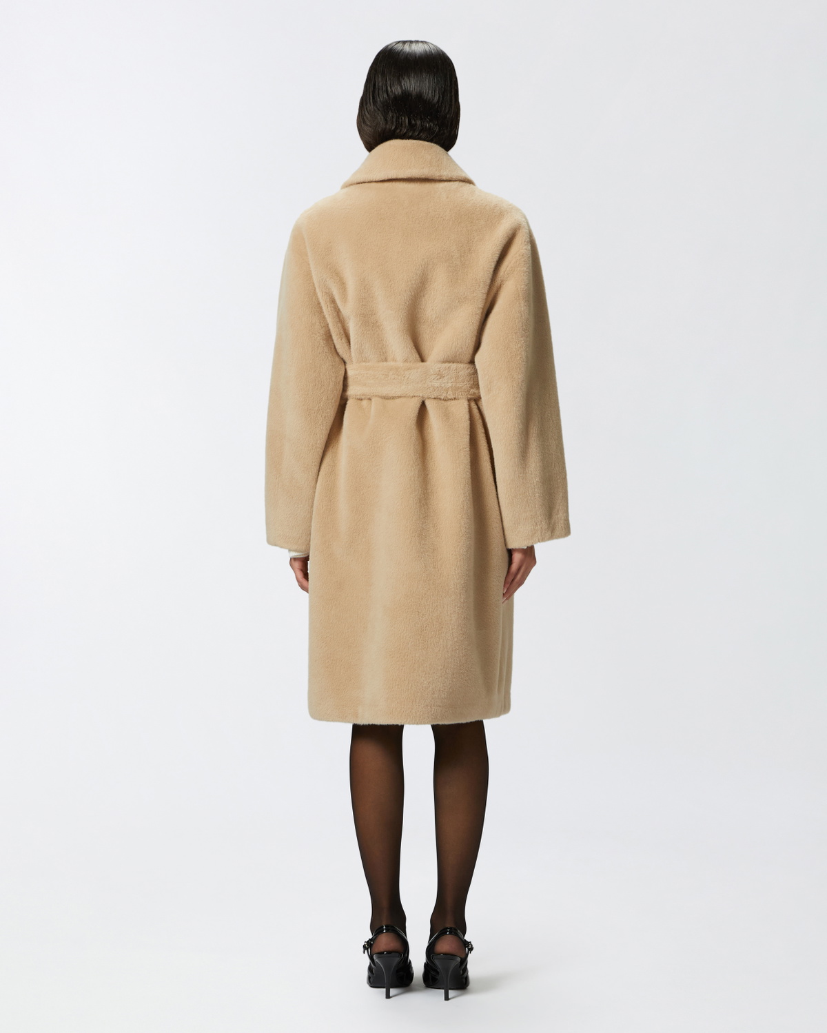 Pinko Short Fur Effect Coat With Belt Nomade Beige Pinko