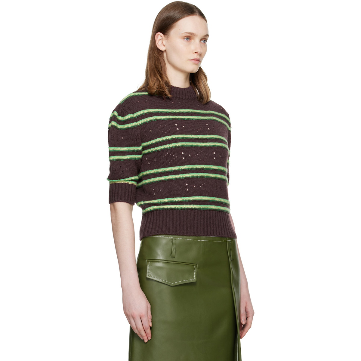 Marni Brown Short Sleeve Striped Crewneck Sweater