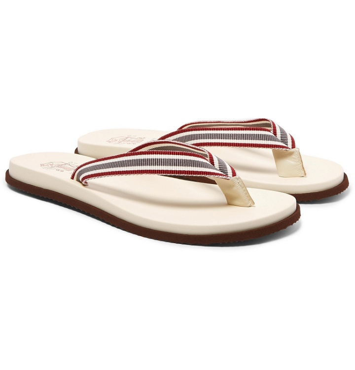 Photo: Brunello Cucinelli - Striped Webbing, Leather and Rubber Flip Flops - White