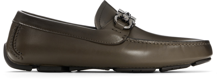 Photo: Ferragamo Khaki Gancini Ornament Driver Loafers