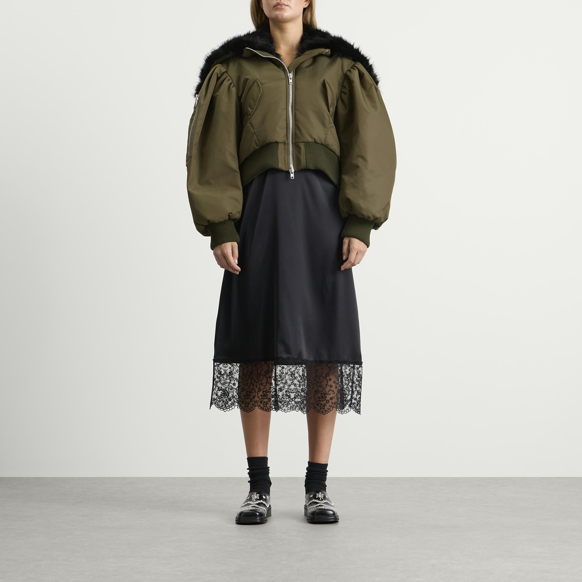 Simone Rocha Women's Cropped Split Faux Fur Hood Bomber Jacket in Khaki/Black