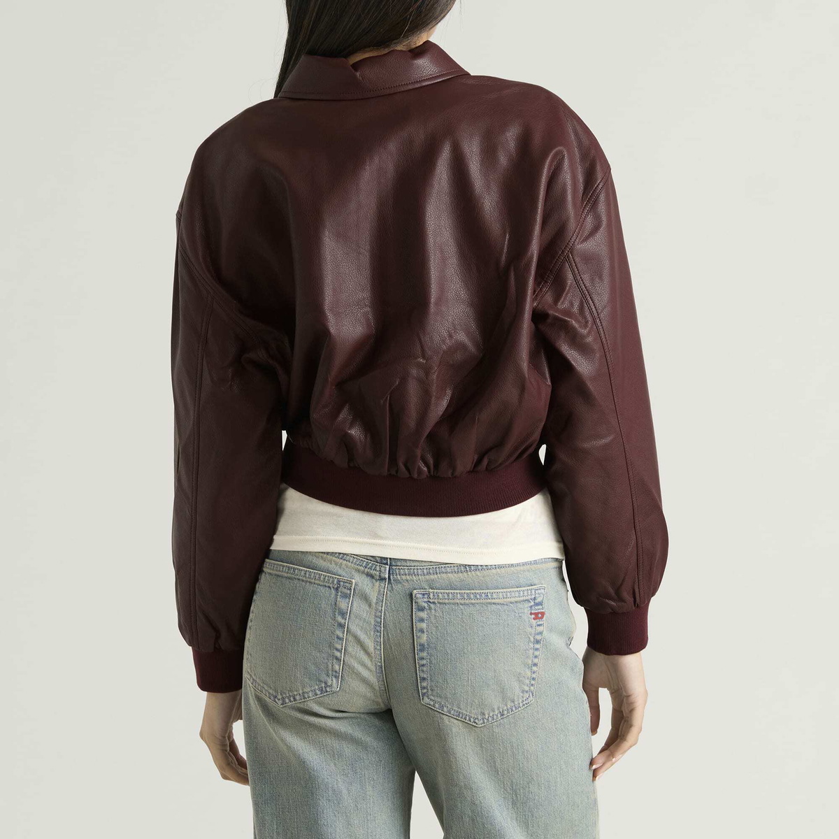 Good American Women's Leather Cropped Bomber Jacket in Berry Noir