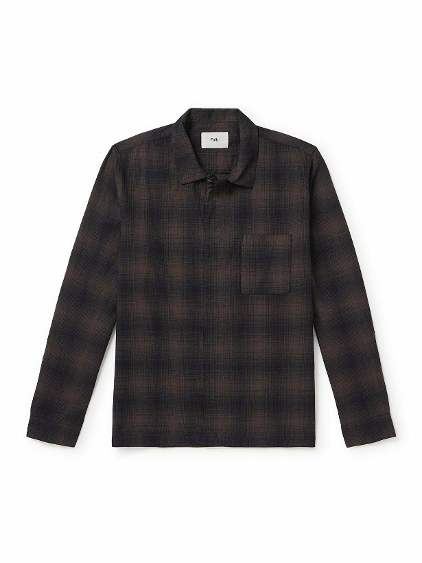 Photo: Folk - Patch Checked Cotton and Linen-Blend Flannel Shirt - Brown