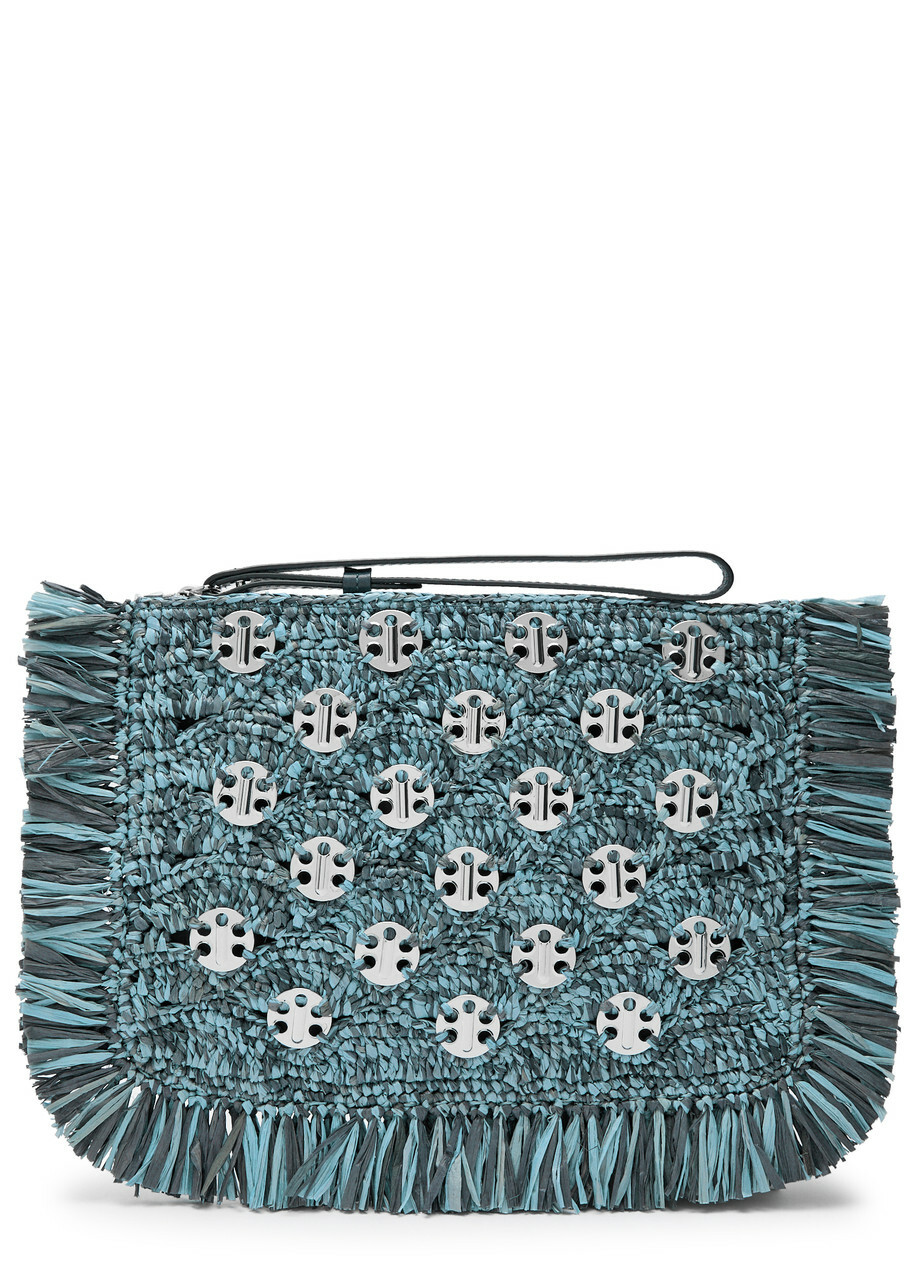 Rabanne Fringed Disc-embellished Raffia Pouch - Denim - One Size