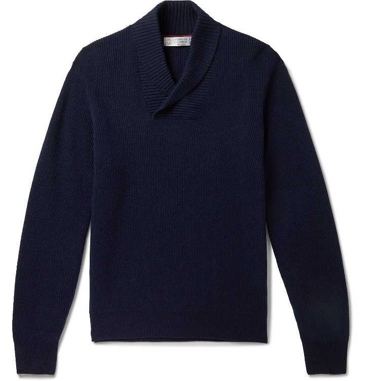 Photo: Brunello Cucinelli - Shawl-Collar Ribbed Virgin Wool, Cashmere and Silk-Blend Sweater - Blue
