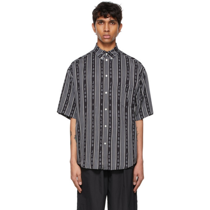 Photo: Balenciaga Black and Grey Logo Stripe Pyjama Short Sleeve Shirt
