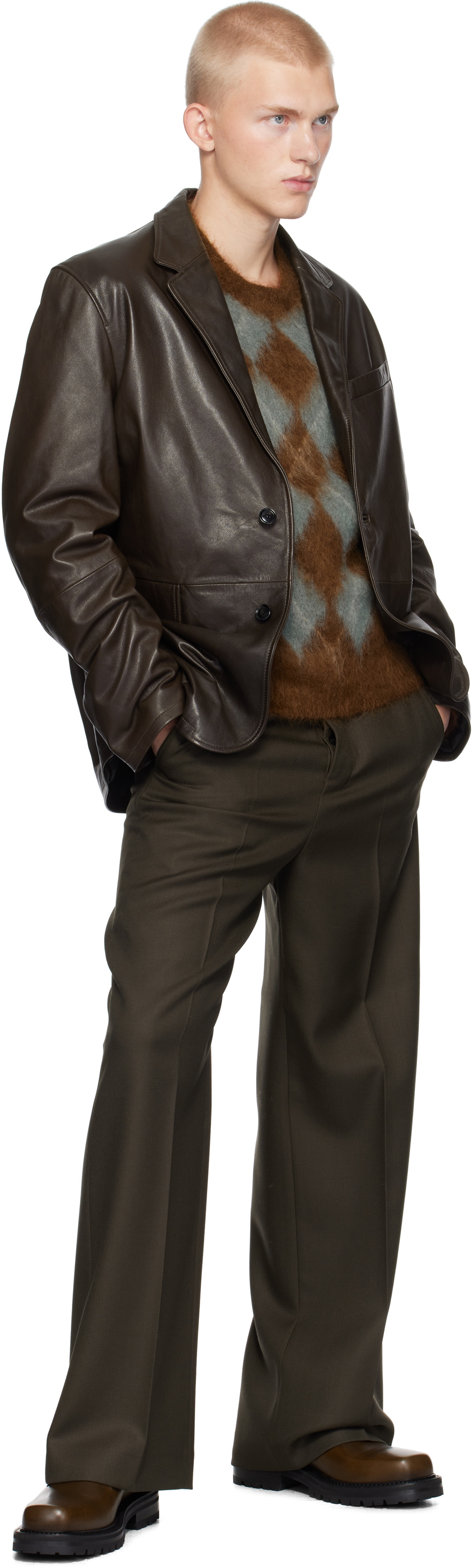 AMI Paris Brown Two Buttons Leather Jacket AMI