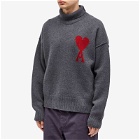 AMI Paris A Heart Roll Neck Knit in Heather Grey/Red
