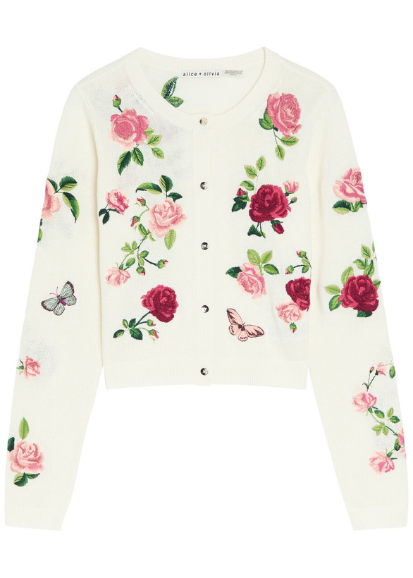 Photo: Alice + Olivia Dollie Floral-embroidered Knit Cardigan White