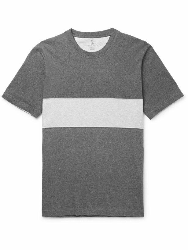 Photo: Brunello Cucinelli - Panelled Mélange Cotton-Jersey T-Shirt - Gray