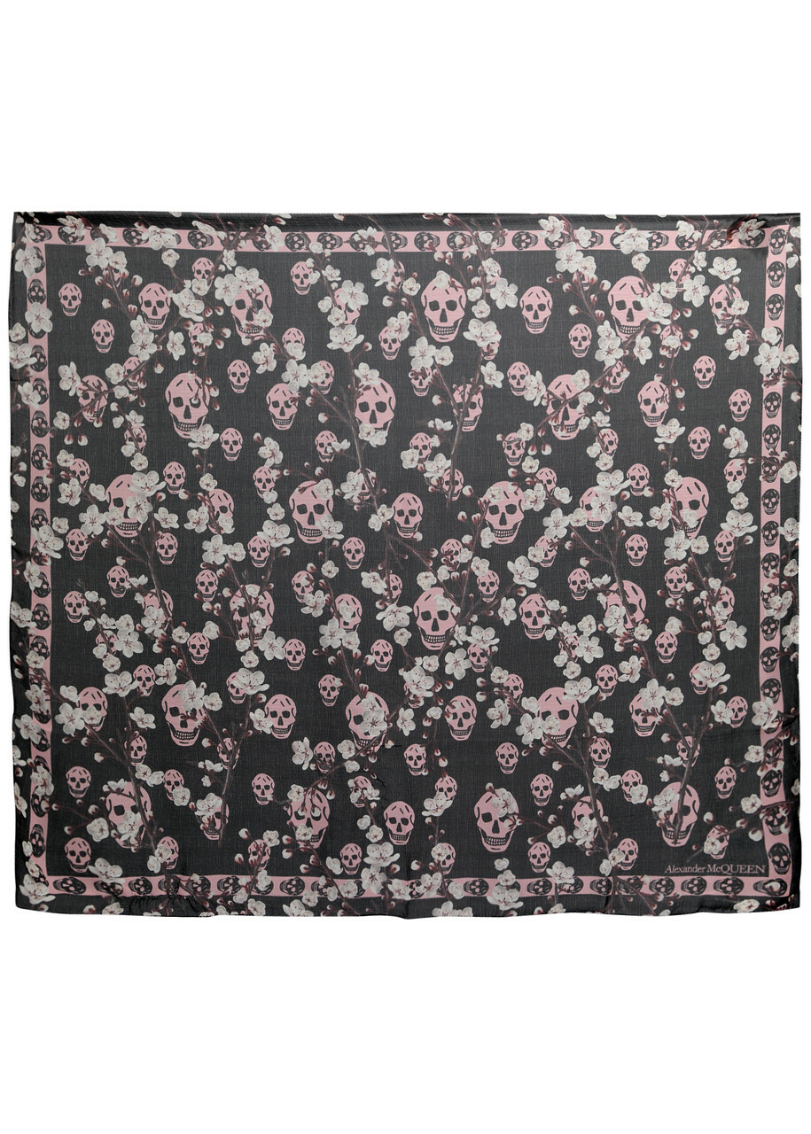 Alexander Mcqueen Blossom Skull Silk-chiffon Scarf - Black