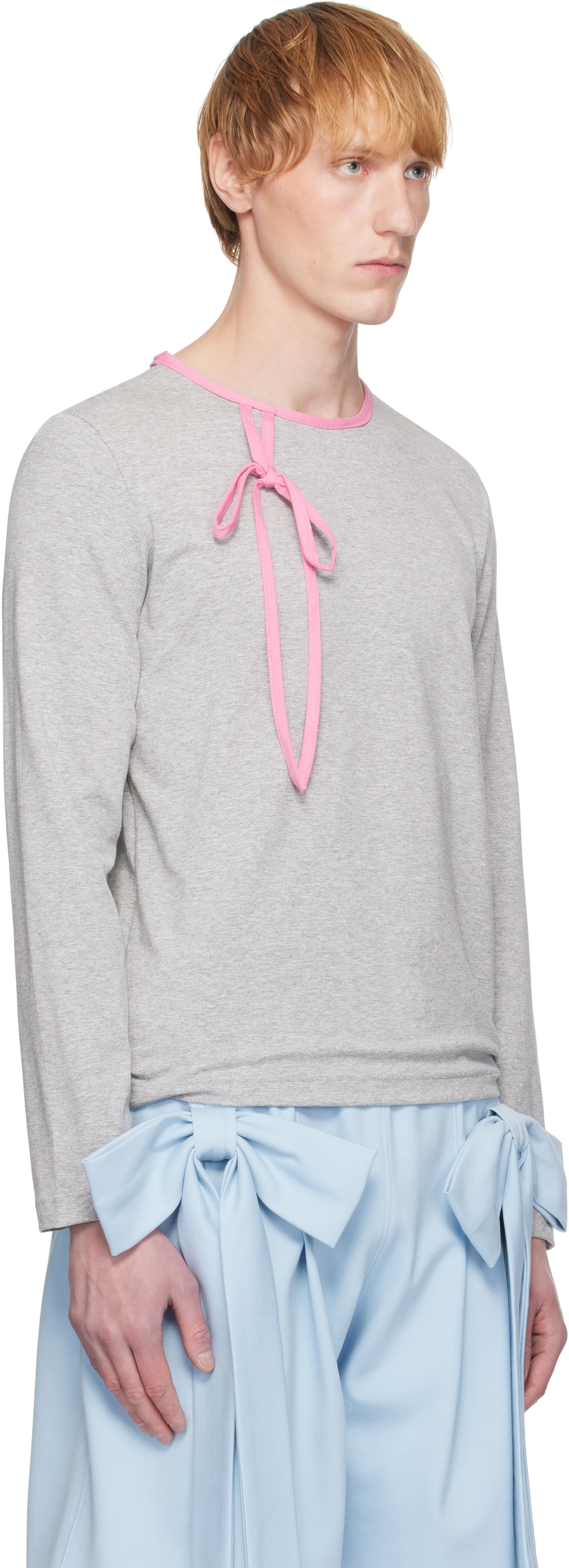 ANDREJ GRONAU Gray & Pink Bow Piping Jersey Top