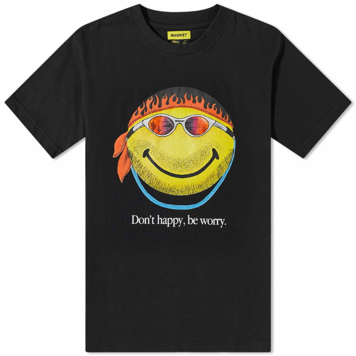 Photo: MARKET Men's Smiley Don't Happy, Be Worry T-Shirt in Black