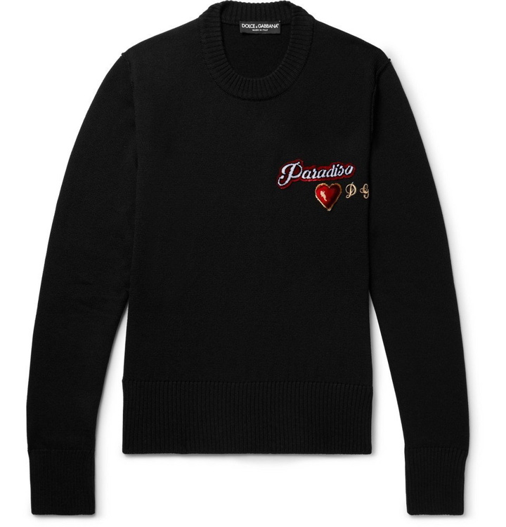 Photo: Dolce & Gabbana - Slim-Fit Appliquéd Wool Sweater - Black