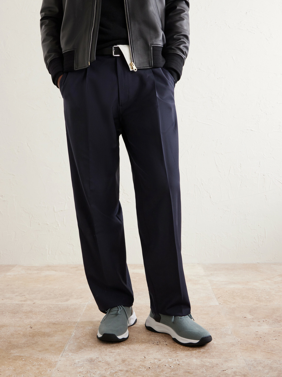 Berluti - Shadow Leather-Trimmed Stretch-Knit Sneakers - Blue