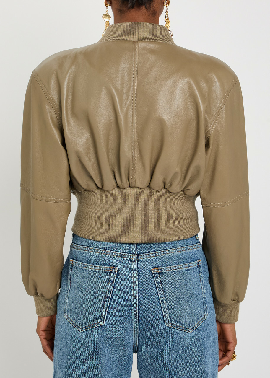 Chloe Sculpted Leather Cropped Bomber Jacket Brown
