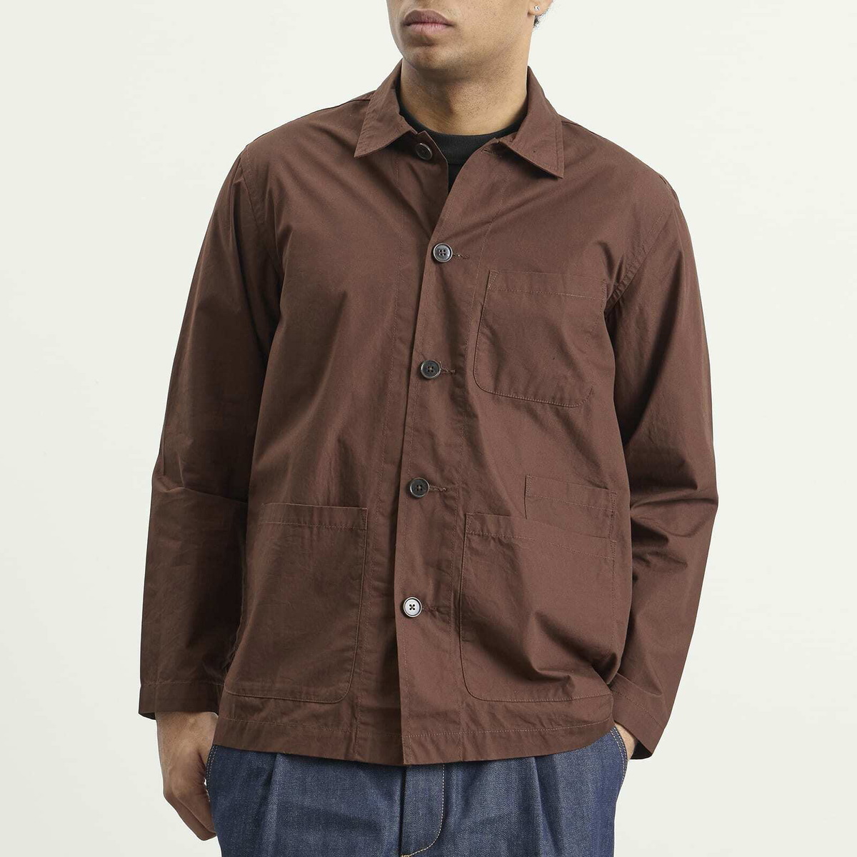 Universal Works Men's Peached Poplin Bakers Overshirt in Brown