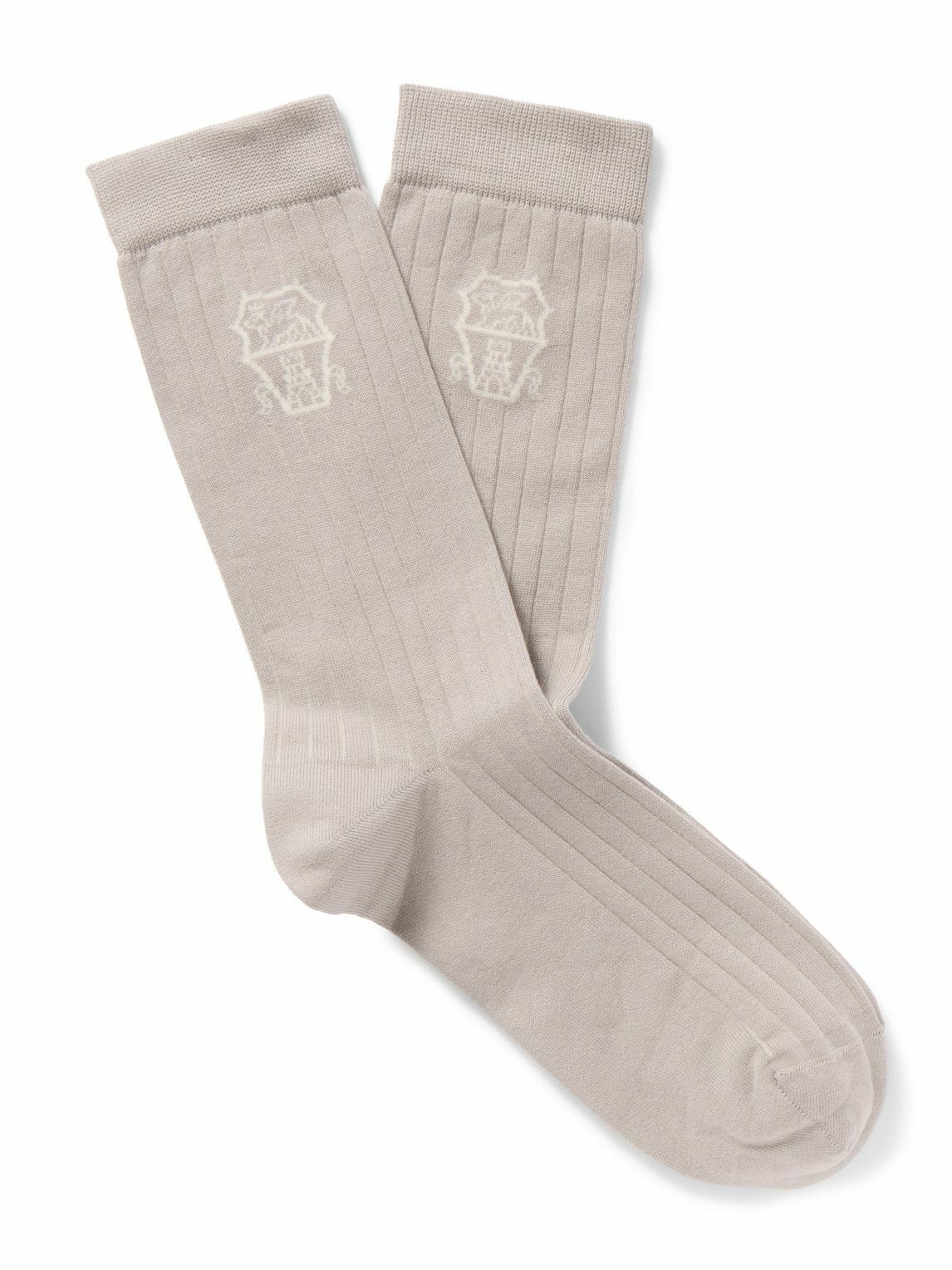 Brunello Cucinelli - Logo-Jacquard Ribbed Cotton Socks - Brown