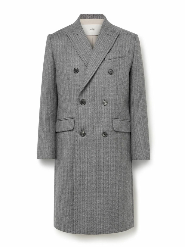 Photo: AMI PARIS - Double-Breasted Herringbone Virgin Wool-Blend Coat - Neutrals