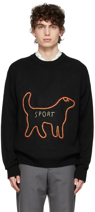 Photo: Bode Black Wool 'Sport' Crewneck Sweater