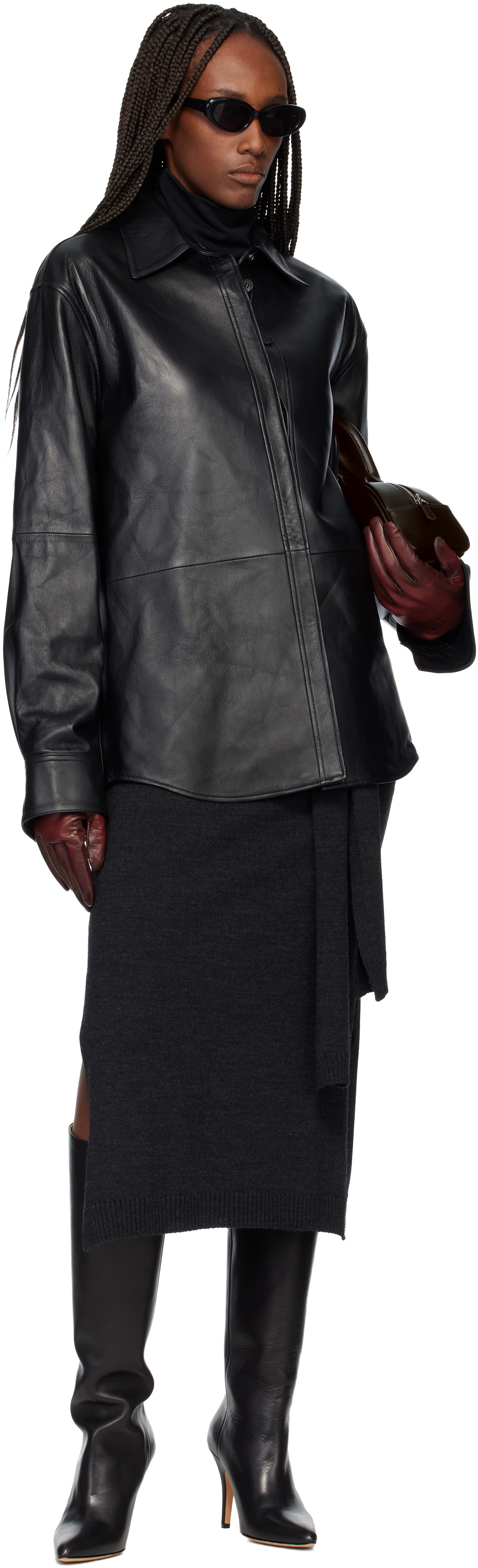 TONYWACK Black Leather Hidden Button Shirt