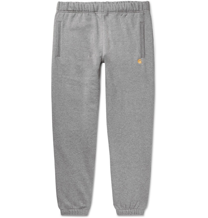 Photo: Carhartt WIP - Tapered Logo-Embroidered Mélange Fleece-Back Jersey Sweatpants - Gray