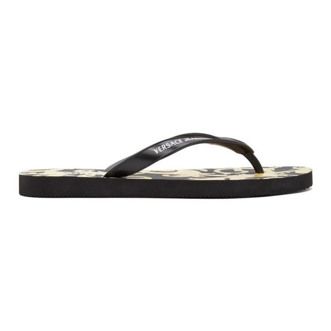Photo: Versace Jeans Couture Black and Gold Baroque Logo Flip Flops