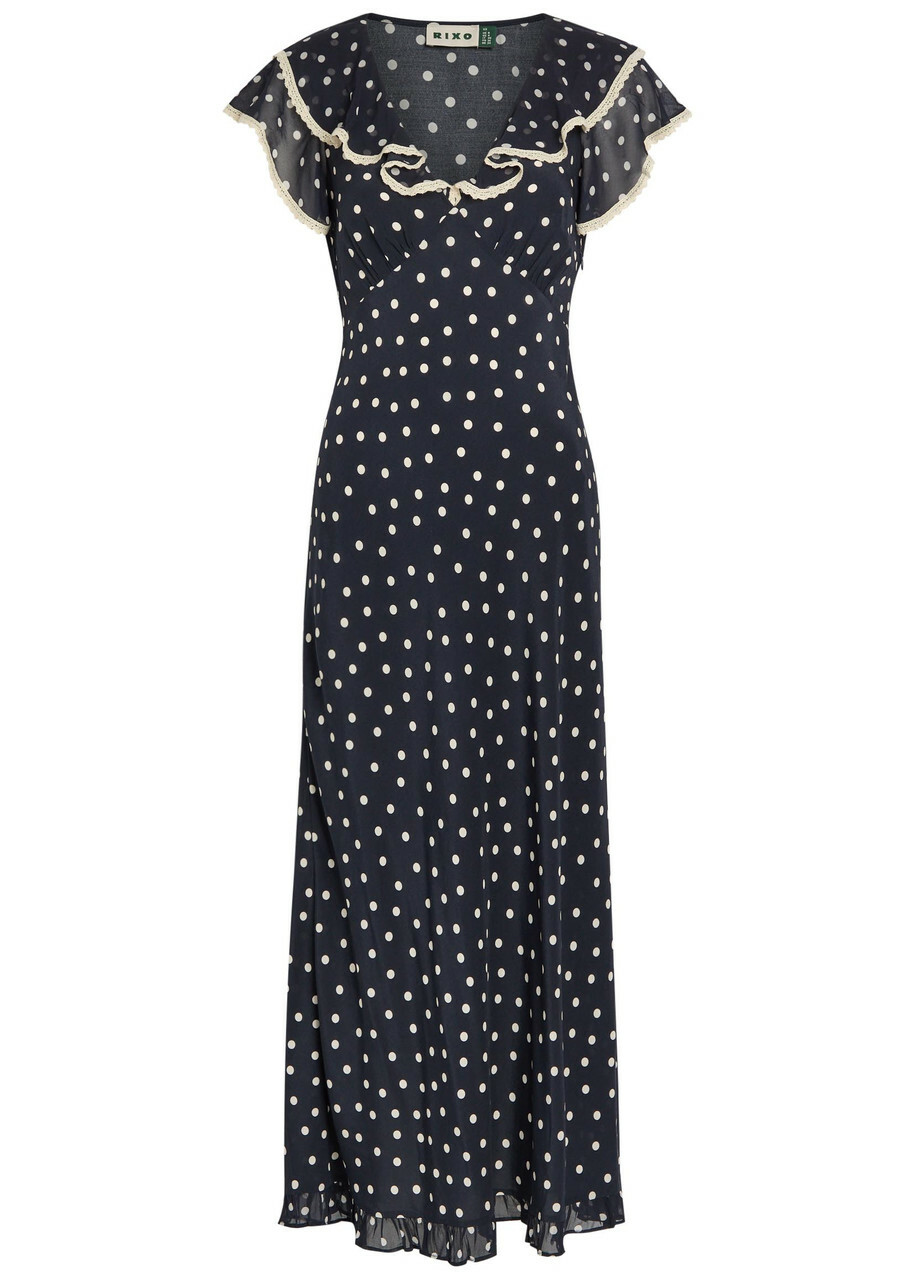 Rixo Bethea Polka dot Crepe de Chine Midi Dress Navy