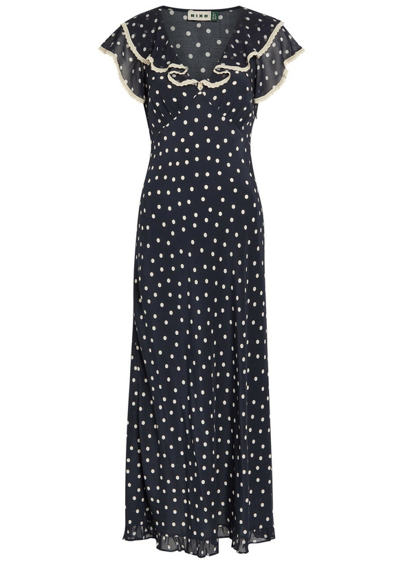 Photo: Rixo Bethea Polka dot Crepe de Chine Midi Dress Navy