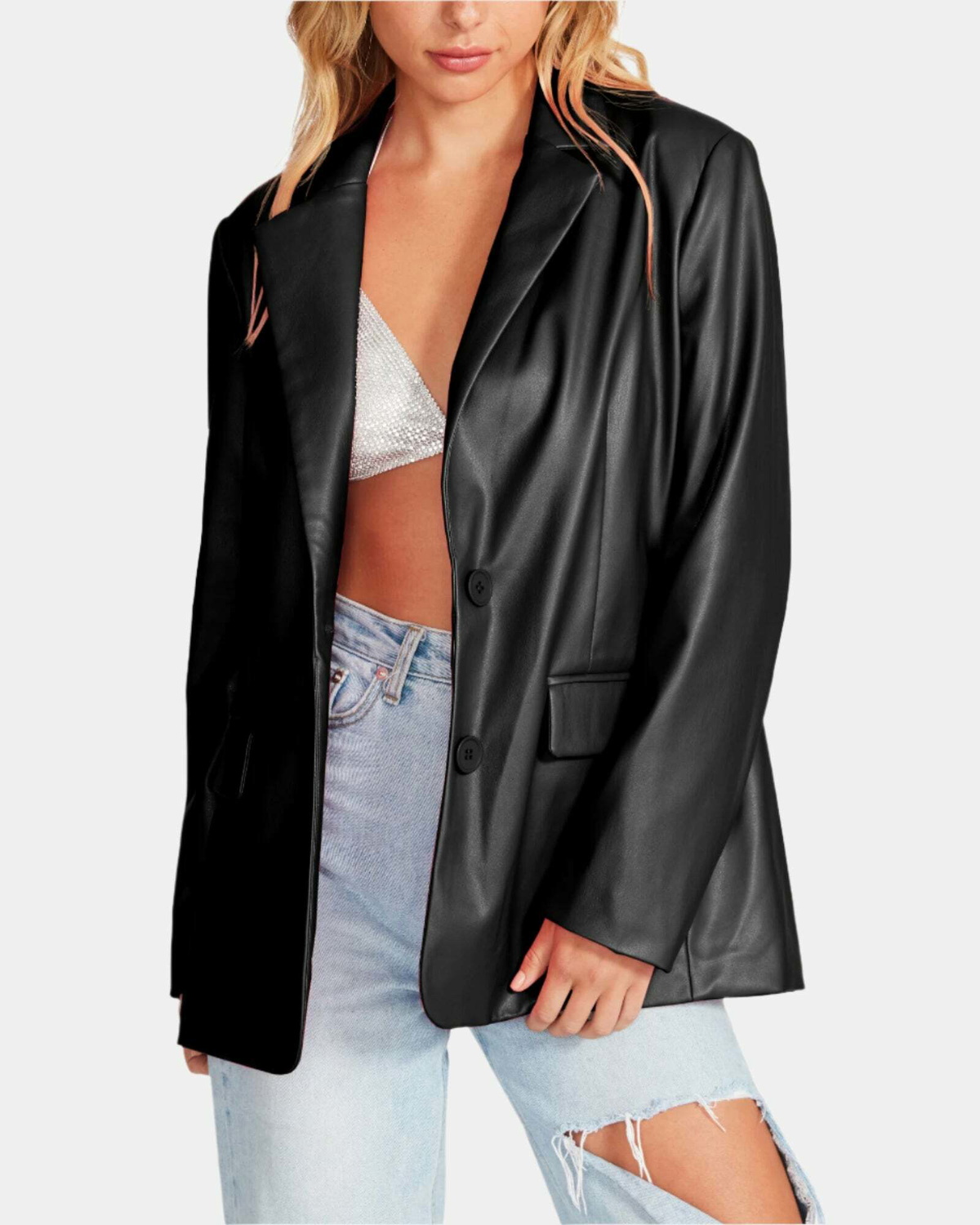 Steve Madden Vegan Leather Boyfriend Blazer in Black