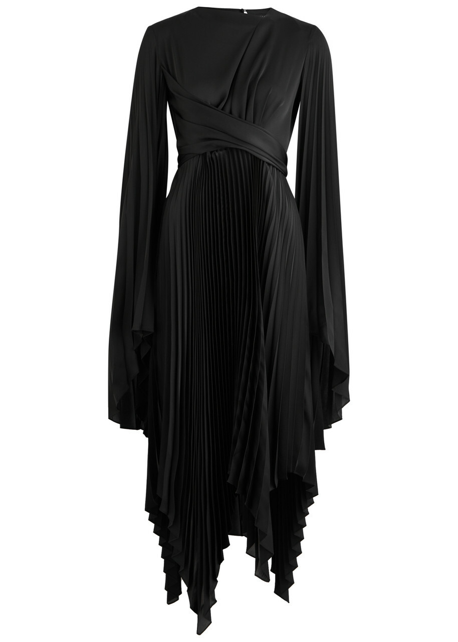 A.W.A.K.E Mode Pleated Wrap-effect Satin Midi Dress Black