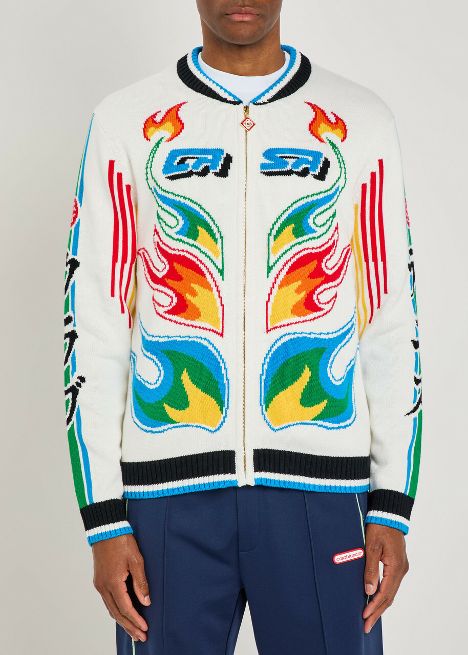 Casablanca Flame Laurel Embroidered Cotton-knit Cardigan Multicoloured 1