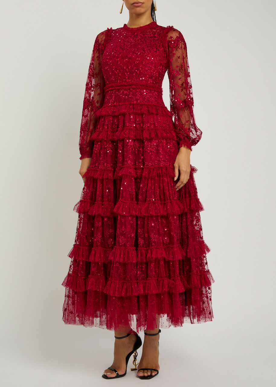 Needle & Thread Blossom Lace Floral Sequin-embellished Tulle Gown Red