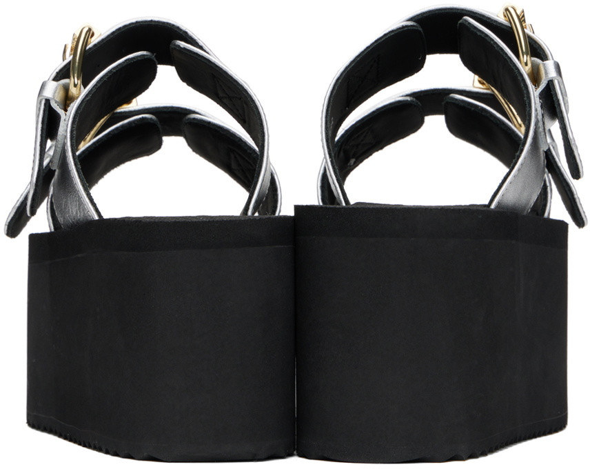 Moschino Silver Lettering Logo Laminated Wedge Sandals