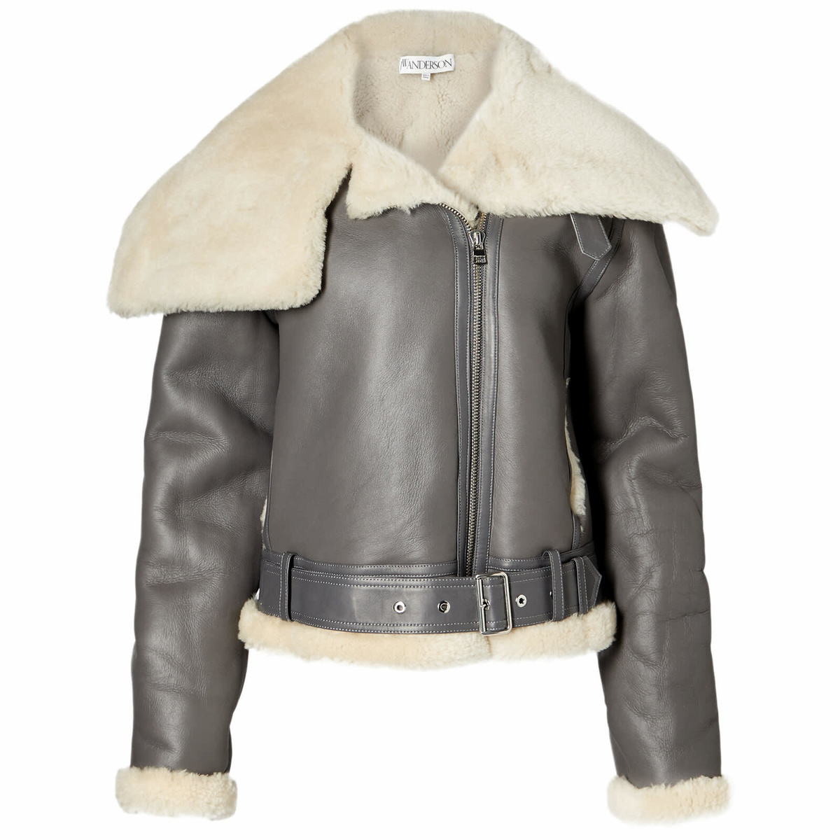 JW Anderson Women's Asymmetric Collar Shearling Aviator Jacket in Grey ...