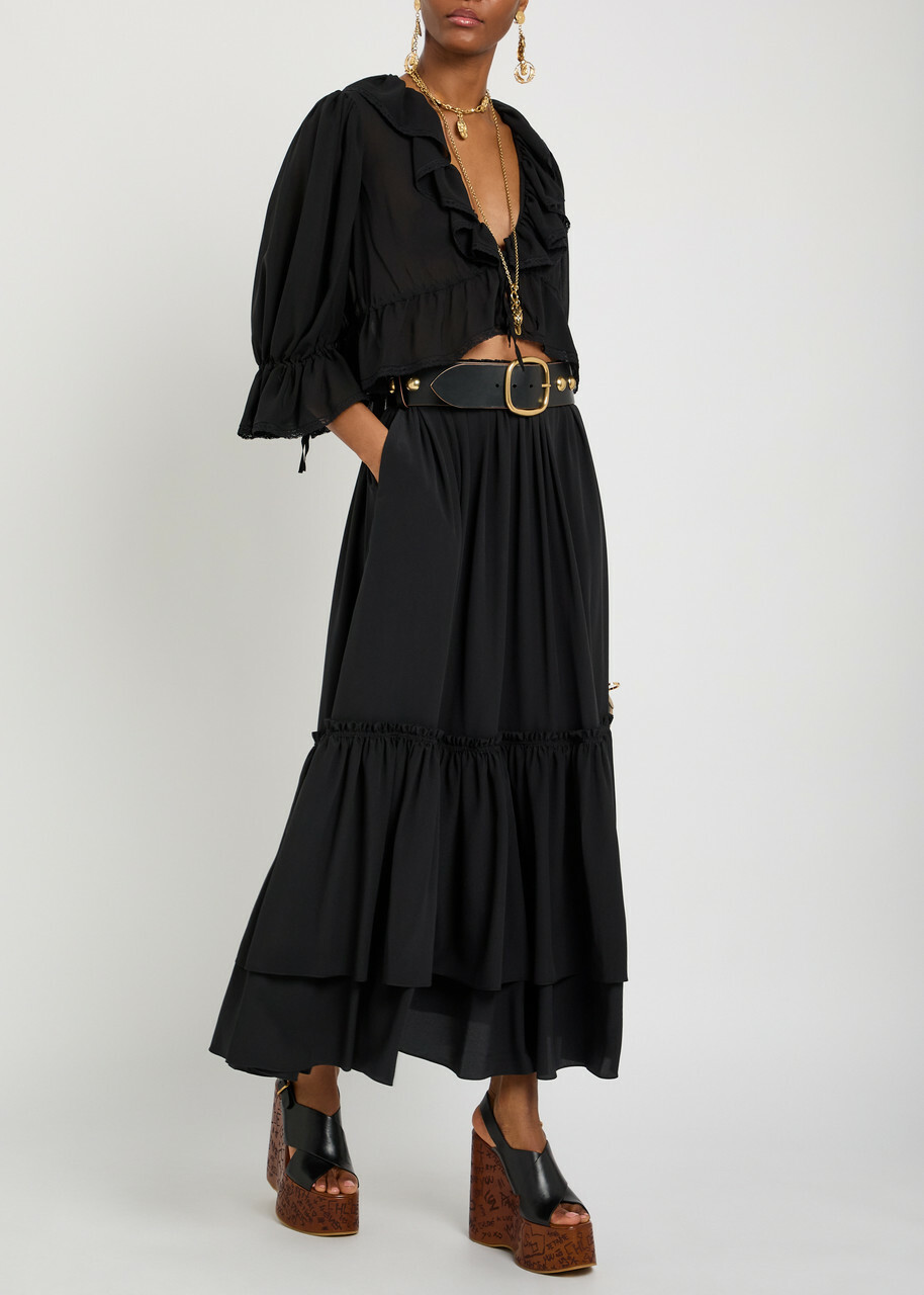 Chloe Ruffled Tiered Silk-chiffon Midi Skirt Black